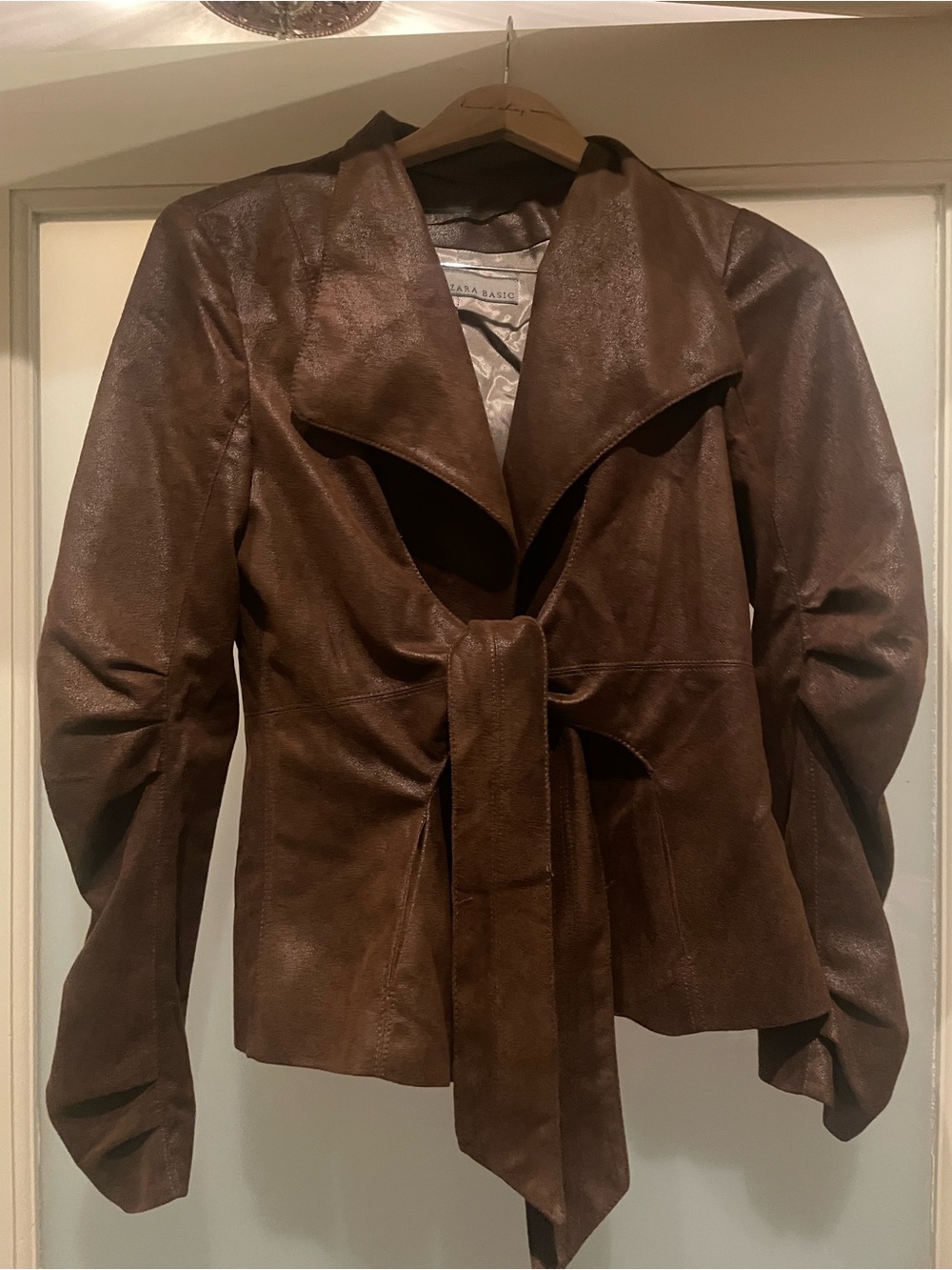 Zara Brown Faux Leather Tie-Front Jacket